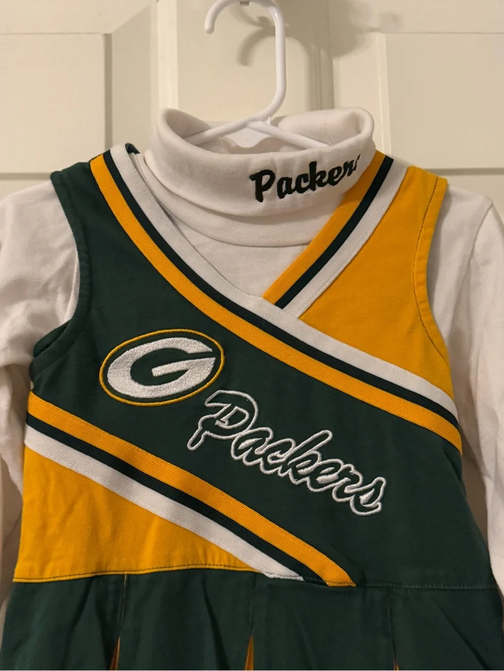 NFL Green and Gold Packers Kids Cheer Dress with White Turtleneck